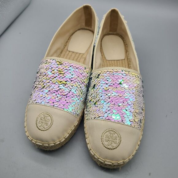 Tory Burch women flats sz 10 sequin espadrilles ivory green logo new - Picture 3 of 13